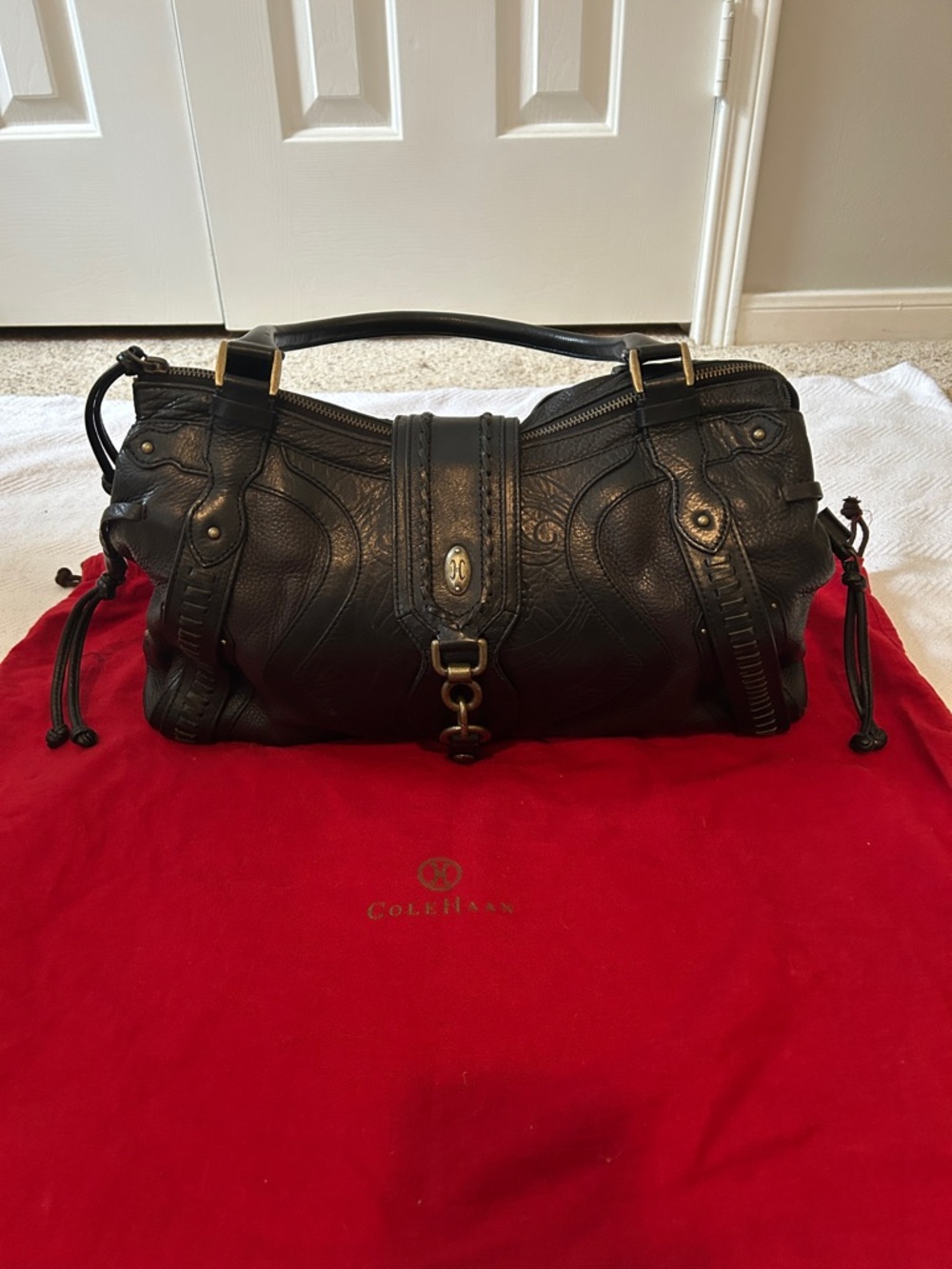 Cole Haan Black Leather Embossed Shoulder Bag with Brass Accents